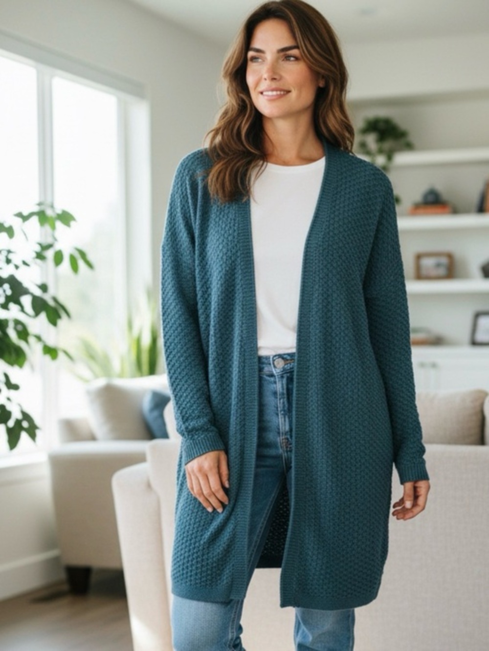 🫶🏻 Leo & Nicole Long Open-Front Teal Knit Cardigan Sweater